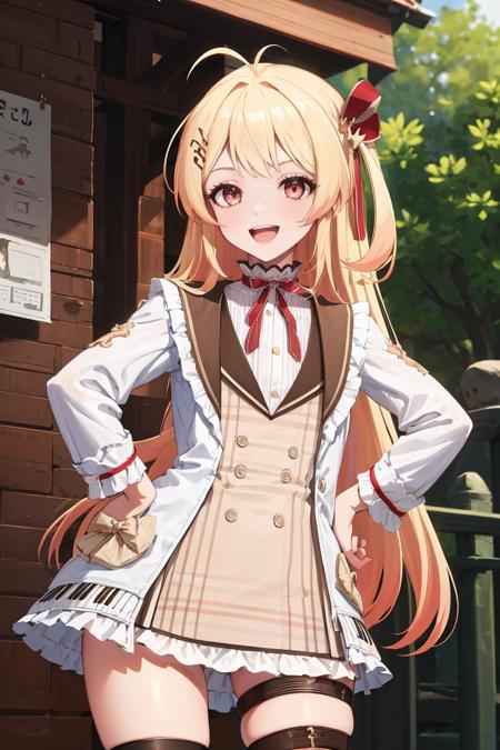 18206-1925756267-masterpiece, best quality, absurdres, KanadeBase, ahoge, hair ribbon, musical note hair ornament, white jacket, brown dress, bow.png